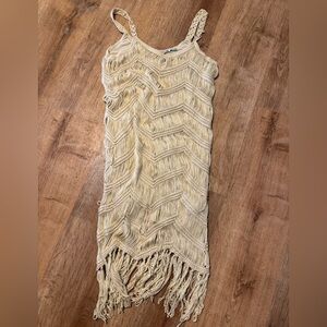 RARE ZARA Boho Chevron Fringe Macrame Mini Dress Cream Medium AS IS (PLASE READ)
